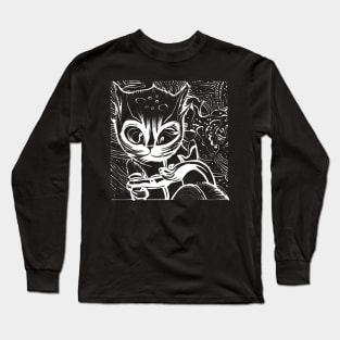 Funny Alien Cat - Whimsical White Hand Drawing Long Sleeve T-Shirt